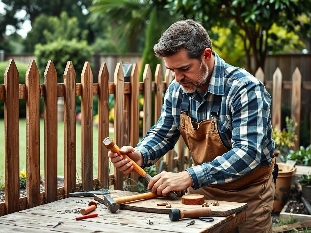 A realistic high-resolution photo of a skilled handyman working on a home project. The handyman is focused on repairing a fence in a backyard, surrounded by tools such as a hammer and nails. The background shows a beautifully landscaped garden, showcasing the transformation that handyman work can provide. The lighting highlights the craftsmanship and attention to detail involved in the project.