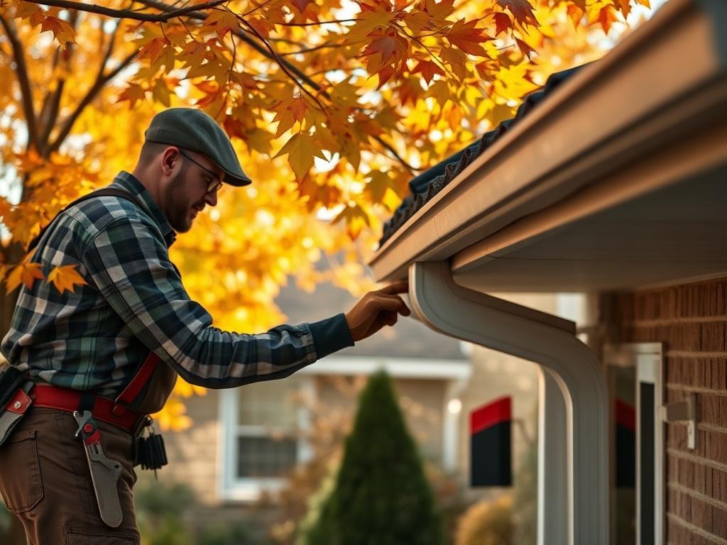 Create a realistic high-resolution photo that emphasizes the importance of fall property maintenance. The composition should feature a single subject: a skilled handyman, equipped with essential tools, focused on cleaning out a gutter located on a residential home. The handyman is wearing practical work attire, including gloves and a tool belt, demonstrating professionalism and expertise.

In the background, depict a typical suburban home with colorful autumn foliage, showcasing vibrant fall leaves in shade