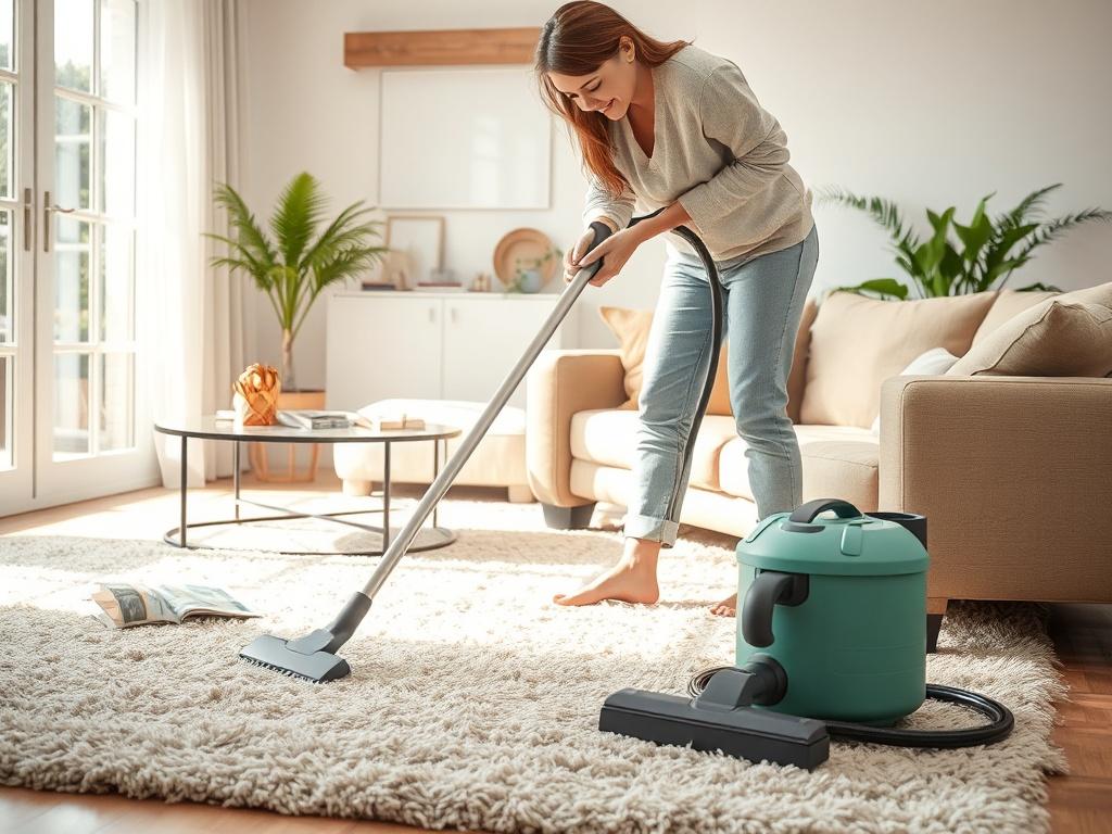 A realistic high-resolution photo of a person cleaning inside a home. The scene shows a person in a bright, airy living room, using a vacuum cleaner on a plush carpet. The background features a cozy sofa, a coffee table with a few magazines, and a window letting in natural light. The person is dressed in casual, comfortable cleaning attire, and there is a sense of freshness and cleanliness in the environment.