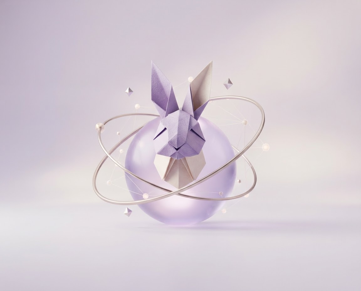 A sculptural lilac origami rabbit inside a luminous glass sphere