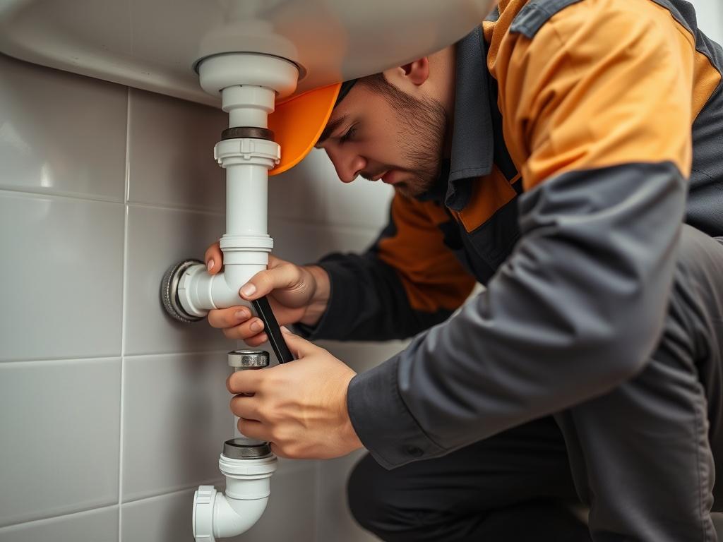 A close up shot of a plumber wearing a uniform,