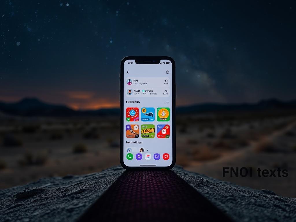 A modern mobile application showcased on a smartphone, set against a dramatic night sky desert background. The smartphone screen displays vibrant app features and a user-friendly interface. The composition should have rich contrasts and deep shadows, creating an intense atmosphere that highlights the app's design.