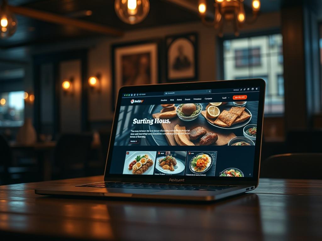 Create a high-resolution photo of a beautifully designed restaurant website on a laptop. The screen displays the restaurant's menu and vibrant images of dishes. The setting should have a warm ambiance with low lighting, showing a cozy restaurant environment in the background.