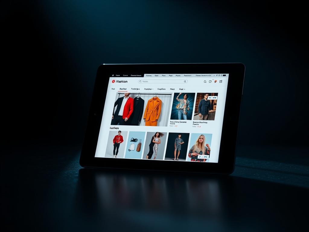 Generate a realistic photo of a fashion e-commerce website displayed on a tablet. The screen should show a stylish clothing collection with vibrant colors and eye-catching visuals. The background should be minimalistic, emphasizing the tablet as the main focus.