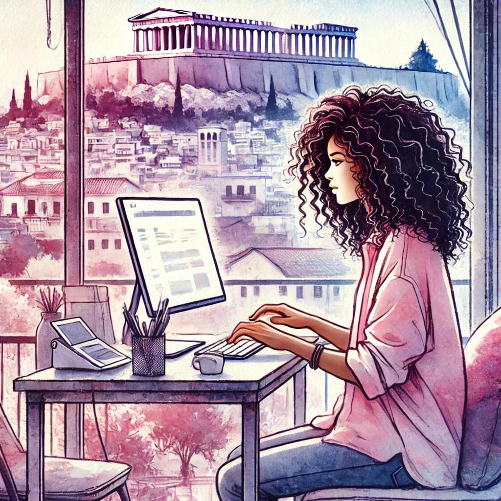 woman in tech typing on a computer with a view of the acropolis.jpg