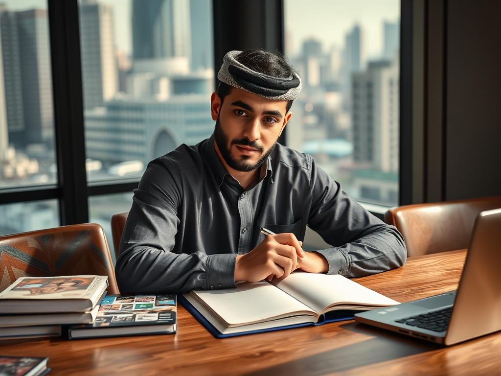Create a realistic high-resolution photo of a young Middle Eastern man in a thoughtful pose, demonstrating the importance of youth in public policy. The subject should be seated at a wooden table, holding a pen and a notepad, deep in contemplation, symbolizing engagement and reflection on societal issues. His attire should be smart-casual, combining traditional elements with modern fashion, reflecting a blend of heritage and contemporary society.

The background should be softly blurred to emphasize the sub