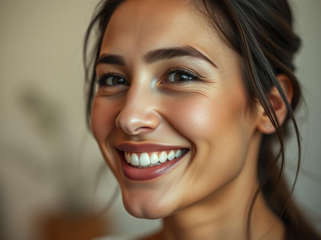 A close-up shot of a beautifully retouched portrait featuring a smiling individual with flawless skin and enhanced facial features. The background is softly blurred to emphasize the subject, and the colors are vibrant yet natural, showcasing a perfect balance of light and shadow. The image should be rendered in high-resolution, capturing every detail of the subject's expression, and styled as if shot with a 45mm f/1.2 lens.