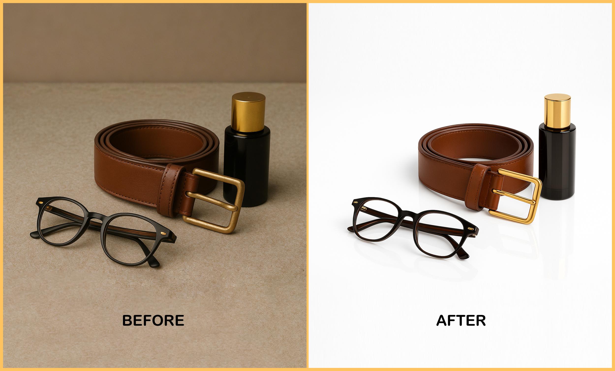 unedited product photography of men's accessories on beige background – glasses, leather belt & bottle.jpg