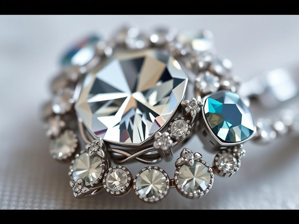 A close-up, high-resolution shot of a beautifully retouched piece of jewelry, with intricate details clearly visible. The background should be soft and elegant, enhancing the jewelry’s brilliance. The lighting must be perfect to showcase the sparkle and clarity of the gemstones, rendered in RGB color (40, 93, 225) for a contemporary and appealing look.