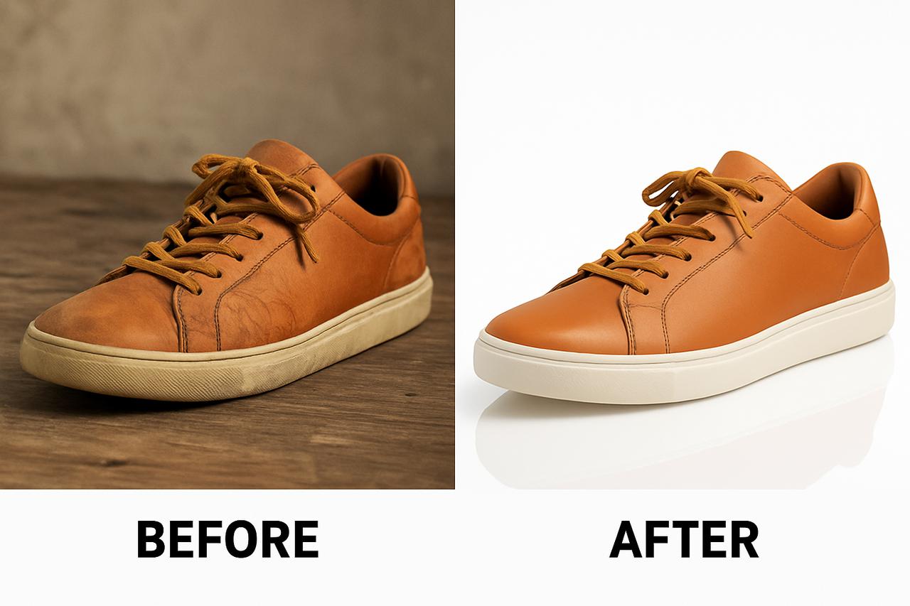 before and after shoe retouching – clean white background with shadow and reflection.jpg