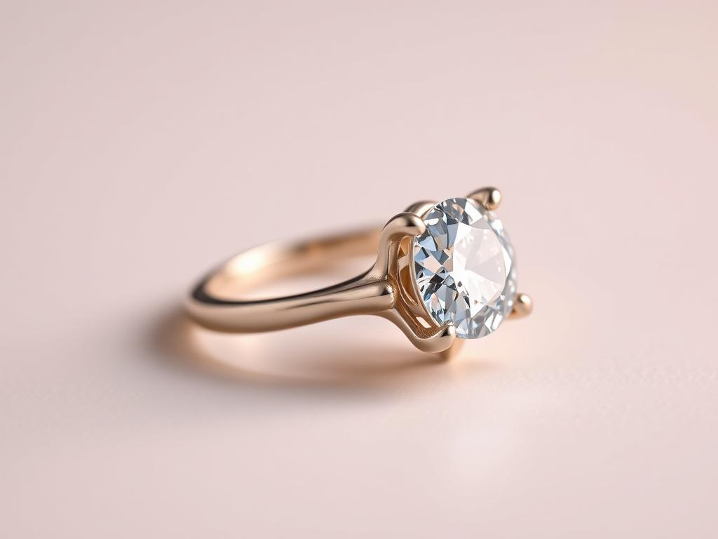 A hyper-realistic close-up shot of a beautifully retouched piece of jewelry, such as a diamond ring, against a soft, neutral background. The focus should be on the ring's intricate details and sparkle, with lighting that highlights its brilliance. The image should evoke luxury and craftsmanship, shot with a 45mm f/1.2 lens style.