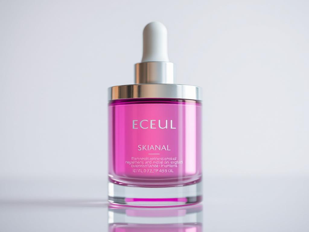 A hyper-realistic close-up shot of a retouched product image, such as a skincare bottle, against a clean background. The focus should be on the product's details, highlighting its packaging and texture. The lighting should create an inviting glow, enhancing the overall appeal. The image should evoke a sense of luxury and quality, shot with a 45mm f/1.2 lens style.