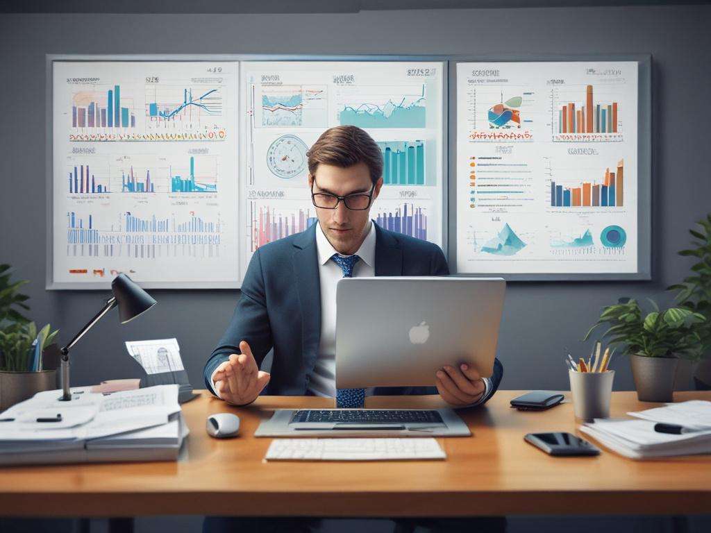 A realistic high-resolution photo depicting a business analyst working intently at a sleek, modern desk filled with charts and graphs on a laptop screen. The background showcases a minimalist office environment with clean lines and vibrant colors. The image should focus on the analyst, a young professional with a thoughtful expression, analyzing data, with a focus on essential elements like bright monitors displaying analytics and colorful data visualization.