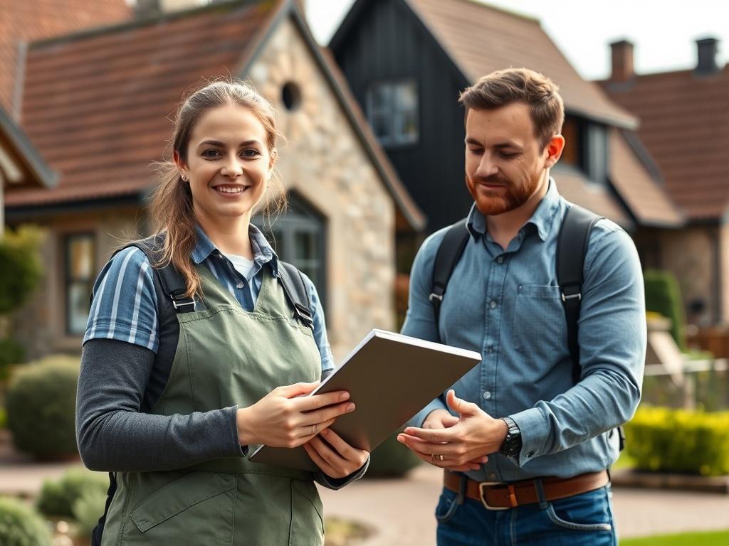 A realistic high-resolution photo of a Dutch woman and man in a vacation park setting with stone houses in the background. The woman, an employee of the vacation park, is holding a notebook in her hands, while the man, representing a company, is assisting her. The composition should be clear and focused on the two subjects. The background should depict the picturesque environment of the vacation park, capturing the essence of collaboration and support.