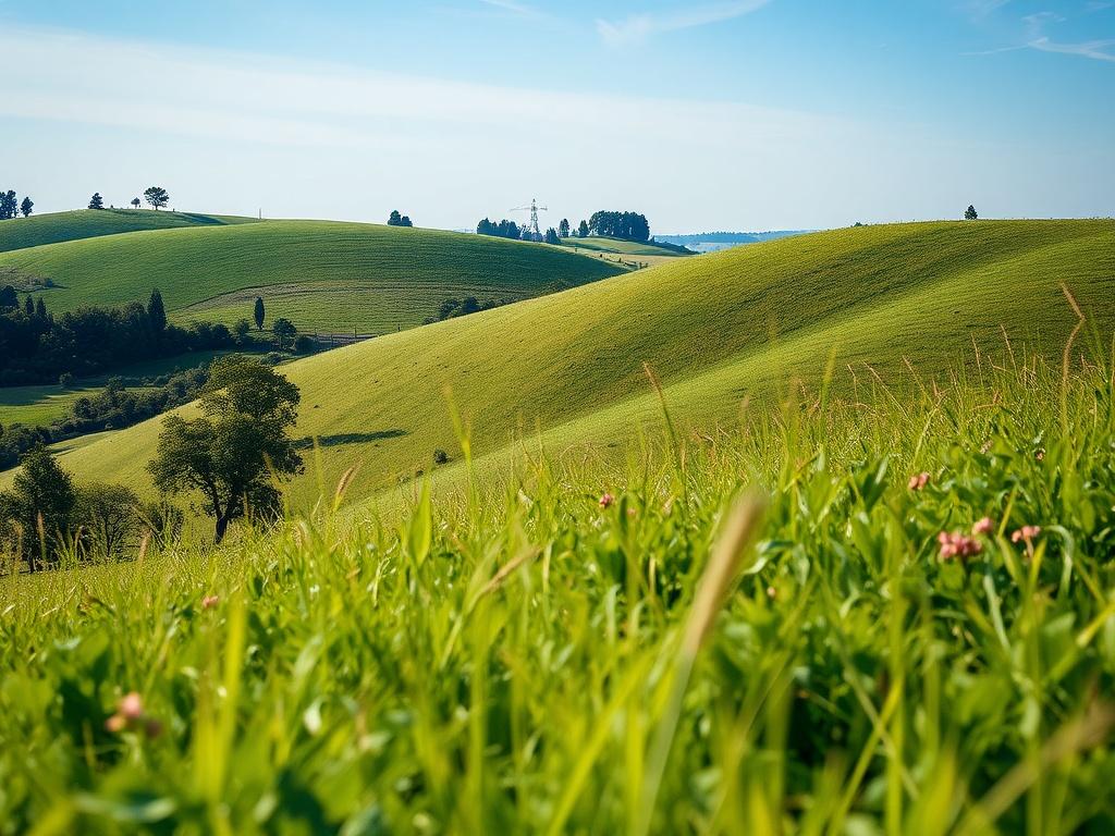 Een hyperrealistische close-up afbeelding van de Limburgse heuvels in Nederland. De focus ligt op de glooiende heuvels met weelderige groene vegetatie en een helderblauwe lucht op de achtergrond. De compositie is eenvoudig en duidelijk, met de heuvels als het enige onderwerp in het beeld, waardoor de schoonheid van het landschap goed tot zijn recht komt. De kleuren zijn levendig en er is een warme, uitnodigende sfeer.