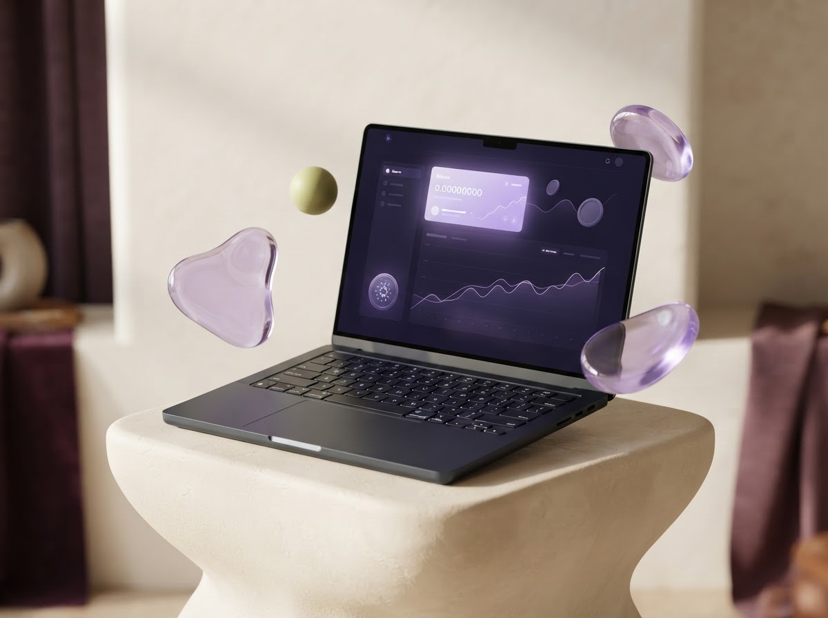 A sleek laptop displaying an abstract digital wallet interface, surrounded by sculptural lavender forms