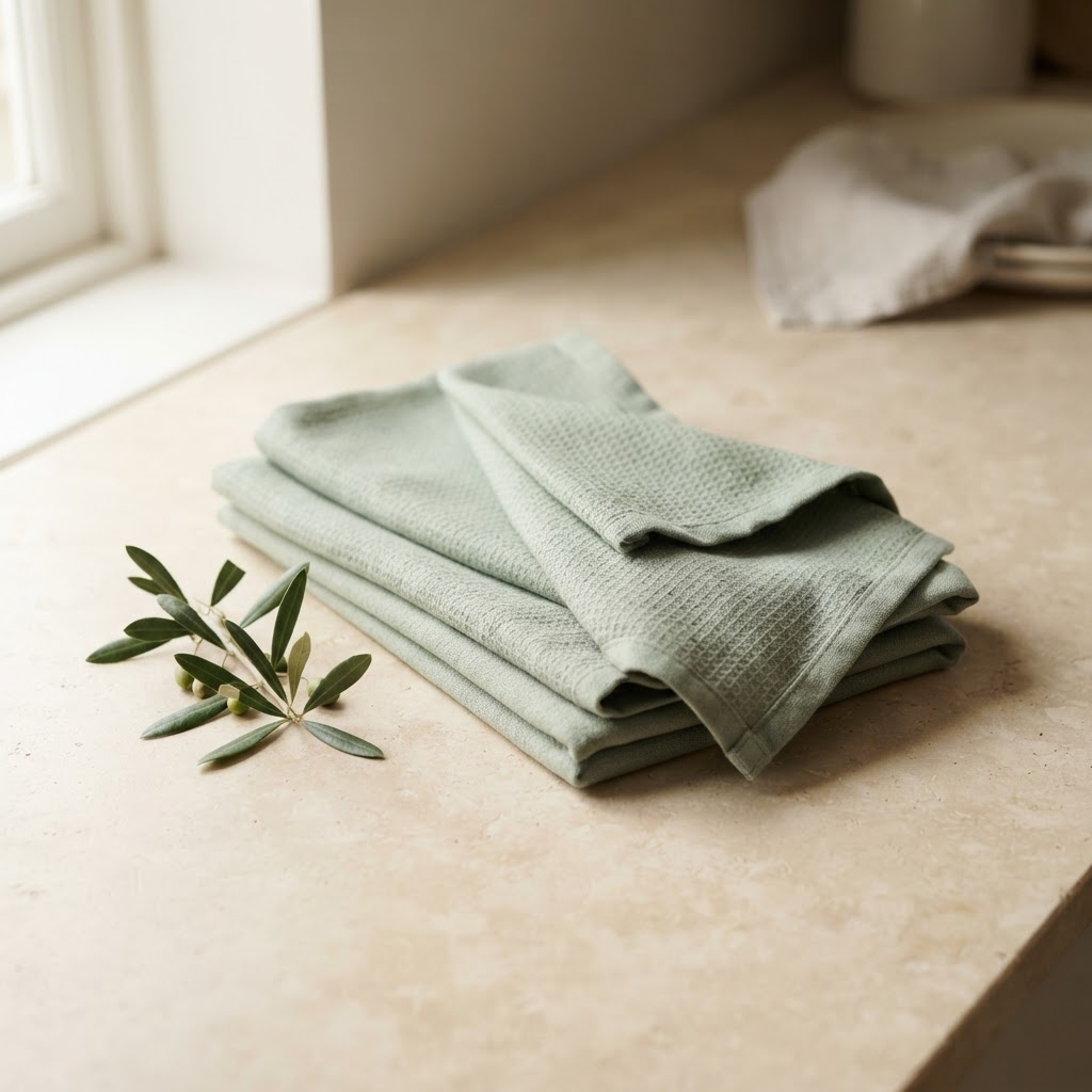 Folded sage green organic cotton kitchen towels