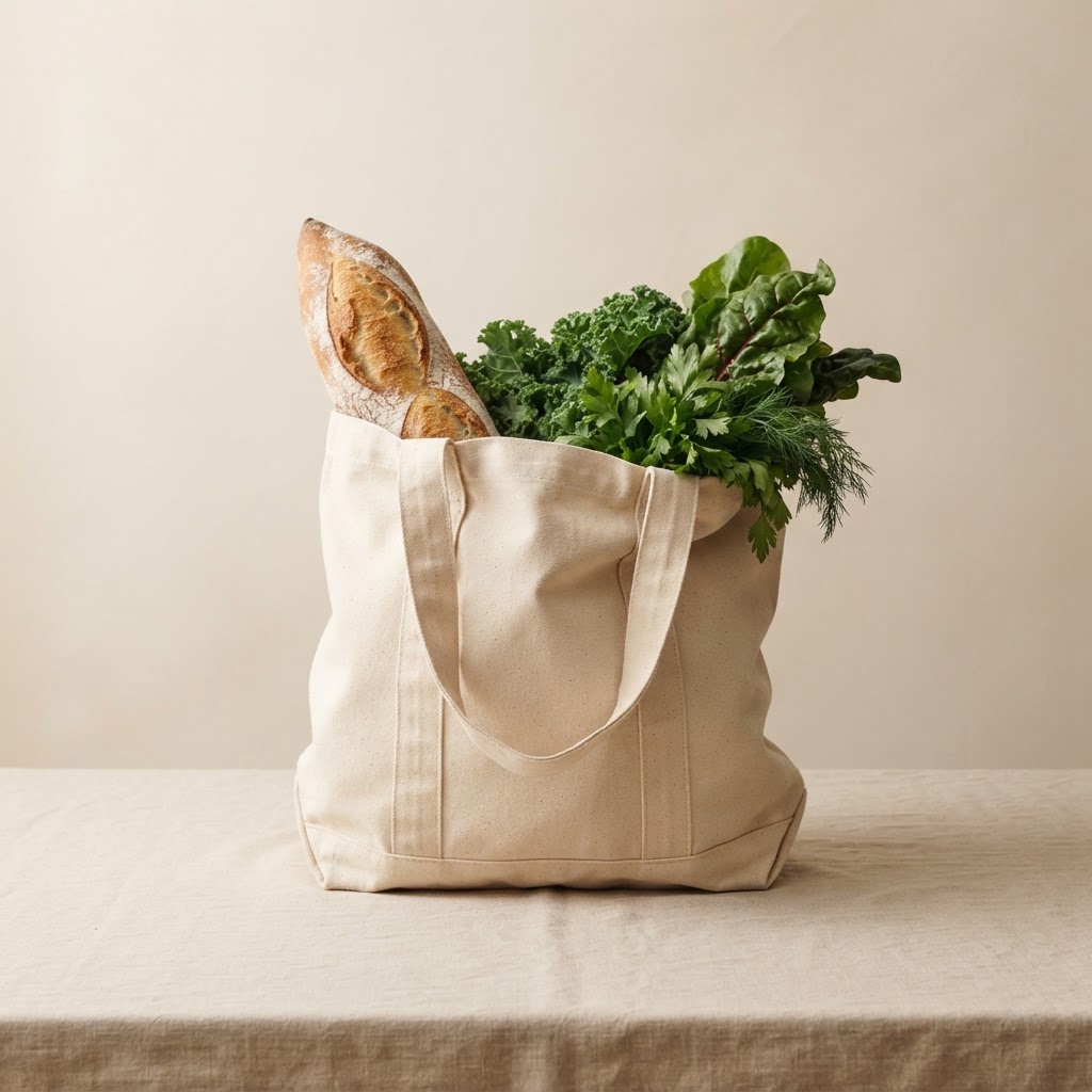 Natural cotton market tote carrying greens and a baguette
