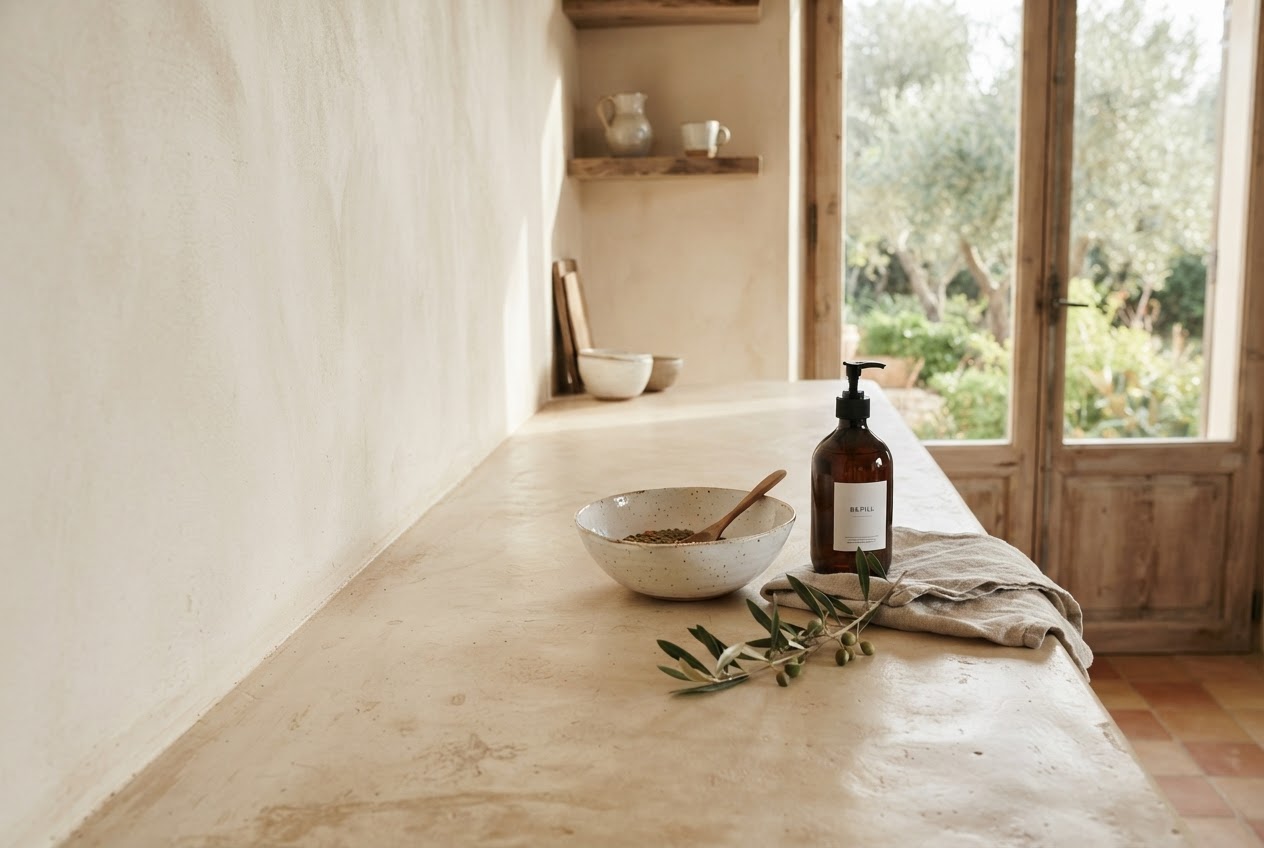 Sunlit kitchen counter with considered everyday home essentials