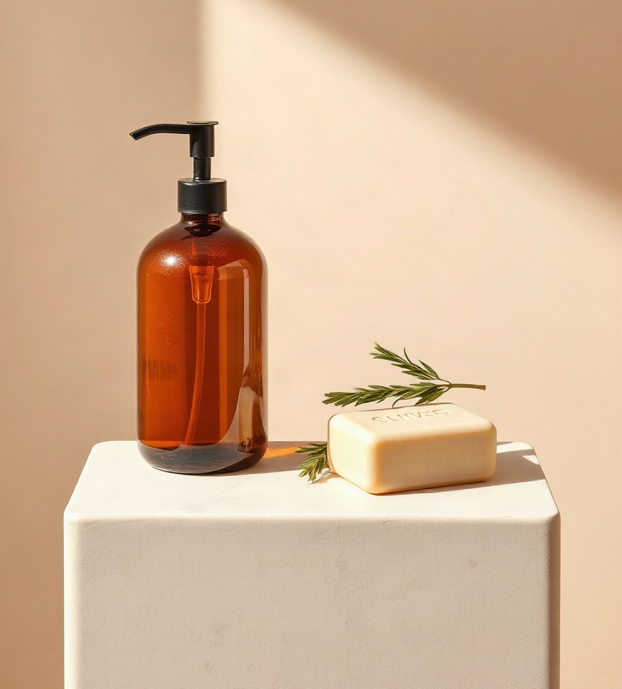 Amber glass dish soap dispenser with olive soap and rosemary