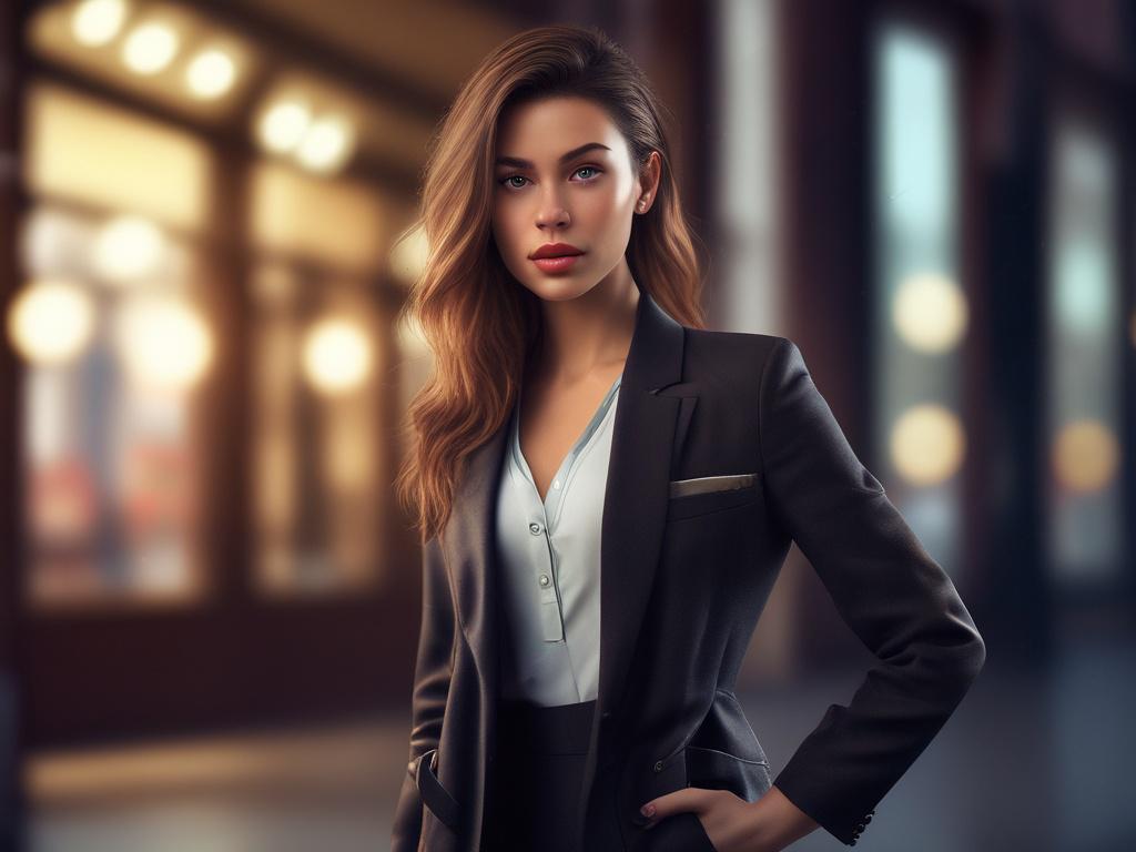 A beautiful and elegant young woman in a sophisticated outfit,