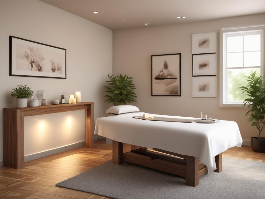 A serene massage setting with soft lighting, featuring a professional