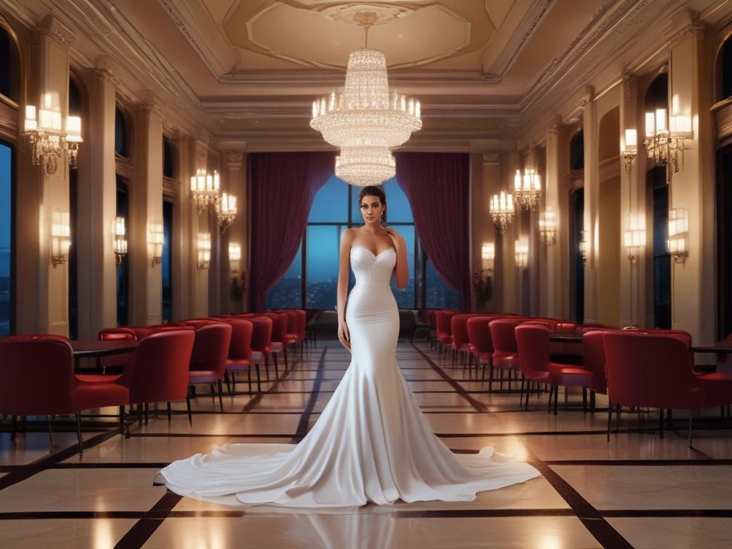 A glamorous escort dressed in an elegant evening gown, gracefully