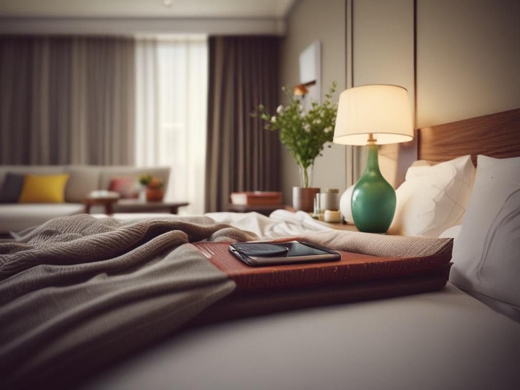 A cozy hotel room with soft lighting, a neatly made