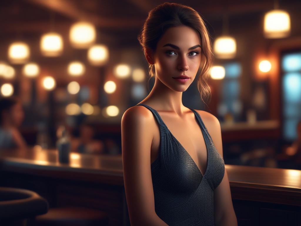 A stunning young woman in an elegant evening dress, standing