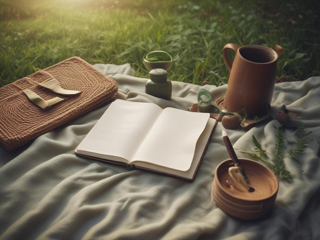 A beautiful nature scene with a notebook and art supplies