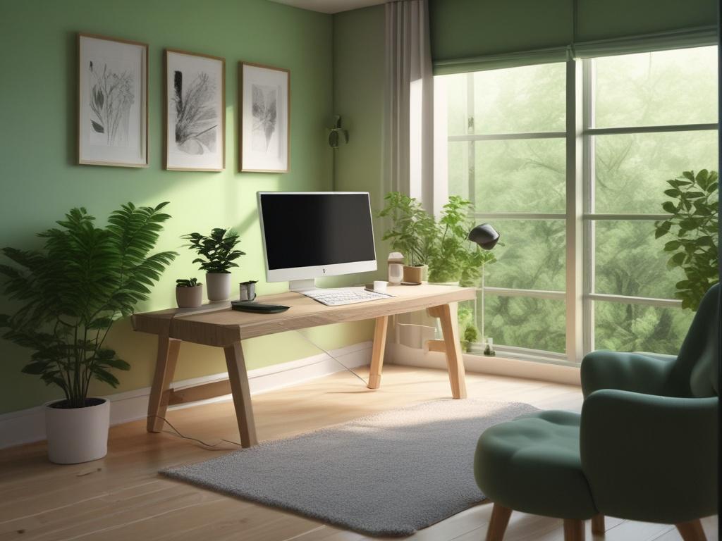 A serene workspace with a soft green color palette, featuring
