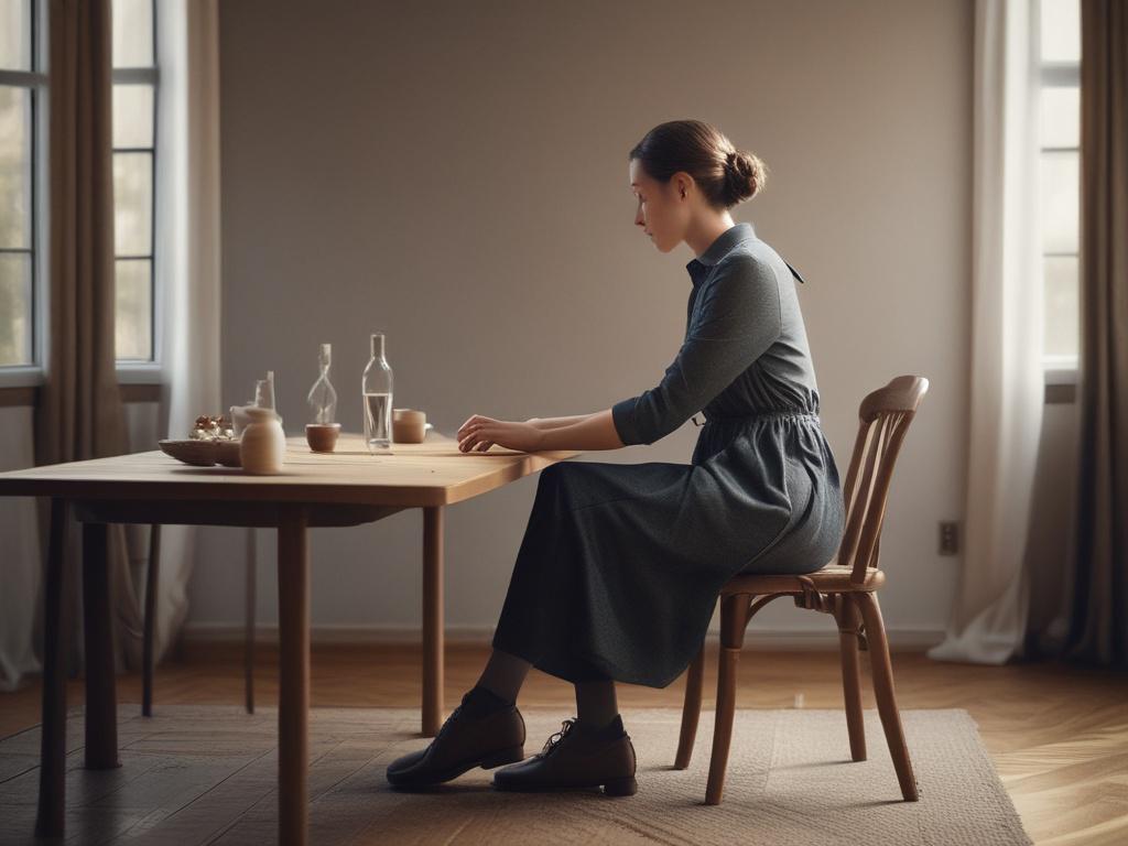 Create a realistic high-resolution image that embodies the theme "Ustvarjanje jutranje rutine." The composition should be simple and clear, focusing on a single subject: a person seated at a wooden table, engaged in a peaceful morning routine. The individual, a middle-aged Caucasian woman with a serene expression, should be shown journaling in a beautifully designed notebook, demonstrating mindfulness. 

The background should feature a softly lit kitchen space, decorated in warm, neutral tones, with gentle 