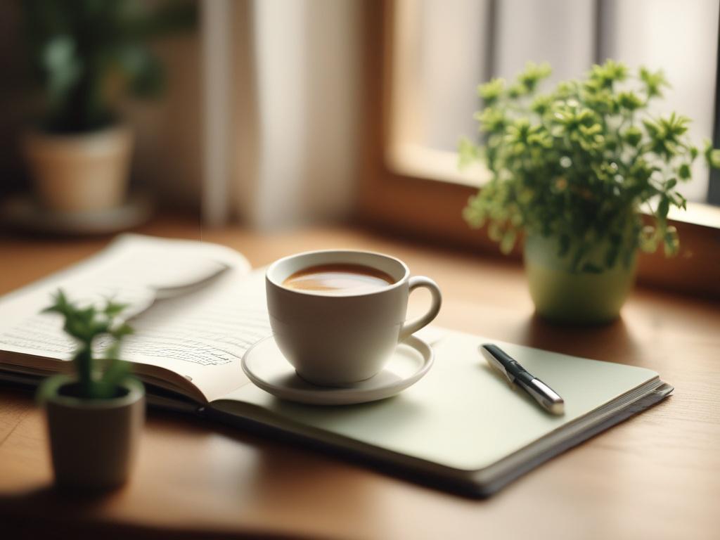 A serene morning scene depicting a cozy workspace with a