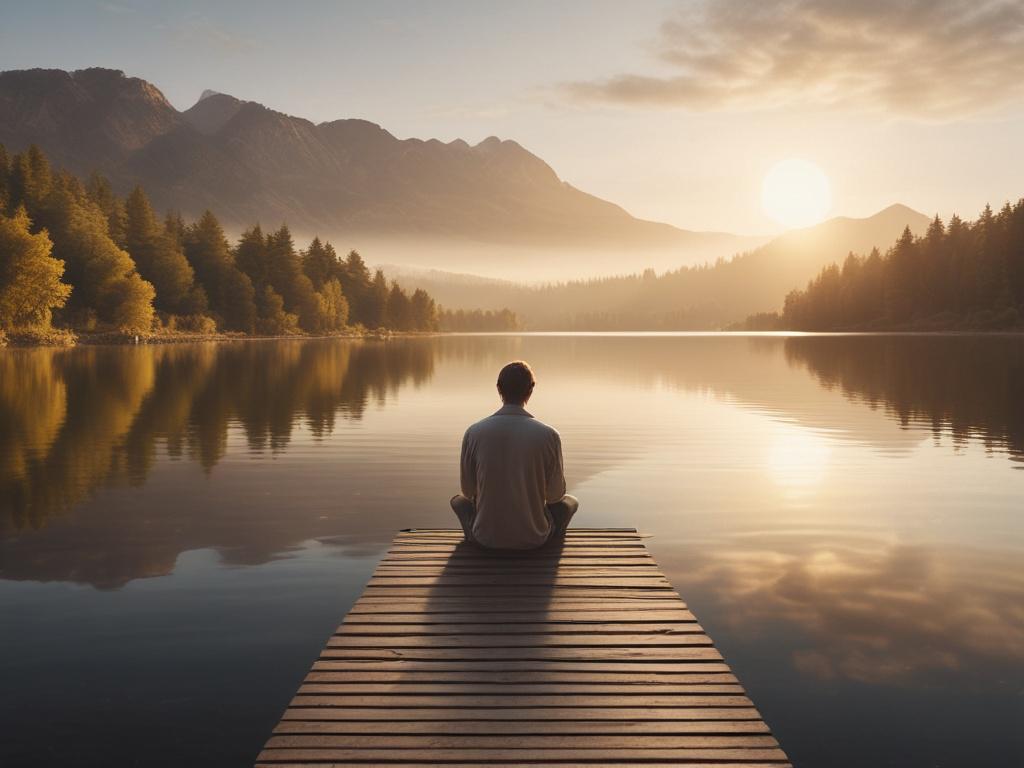A serene morning scene featuring a calm lake surrounded by