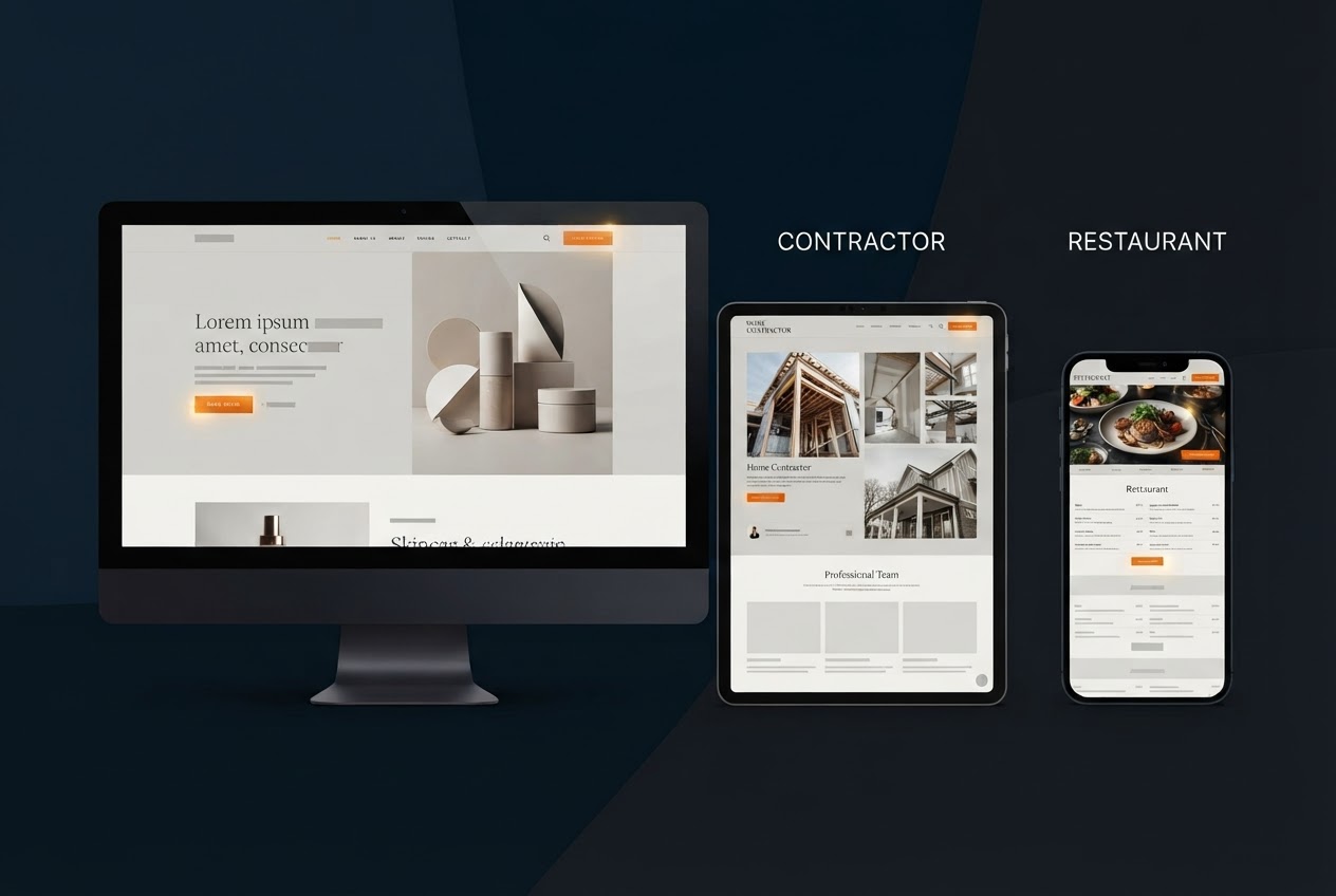 Website concept showcase with sample designs for beauty, contractor, and restaurant businesses