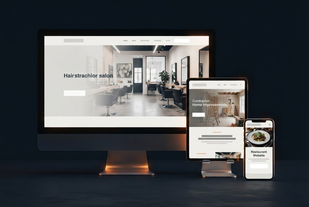 Desktop, tablet, and phone displaying polished sample websites for local businesses