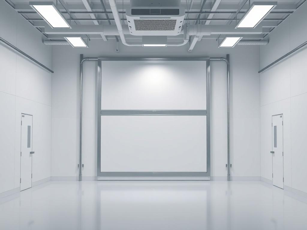 A cleanroom environment featuring a load-bearing wall, showcasing its structural design. The image should be minimalistic with clean lines and a focus on the wall's features. The background should be simple and uncluttered, emphasizing the wall's significance in maintaining a sterile and efficient workspace. Use a color palette that complements the primary color rgb(2, 86, 197), ensuring the image is realistic and high-resolution.