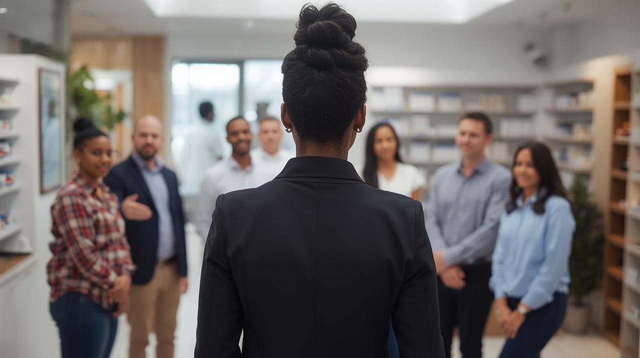 Black female HR consultant speaking with male and female staff in white safety overalls and hairnets
