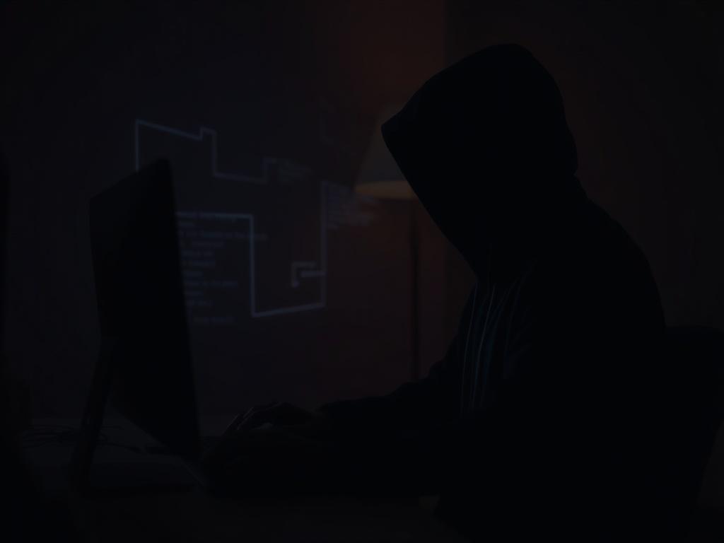 A shadowy figure using a computer in a dimly lit room, with dark tones and intense shadows. The figure's face is obscured by a hoodie, emphasizing anonymity. The background features faint outlines of digital transactions and encrypted data flows, creating a mysterious atmosphere.