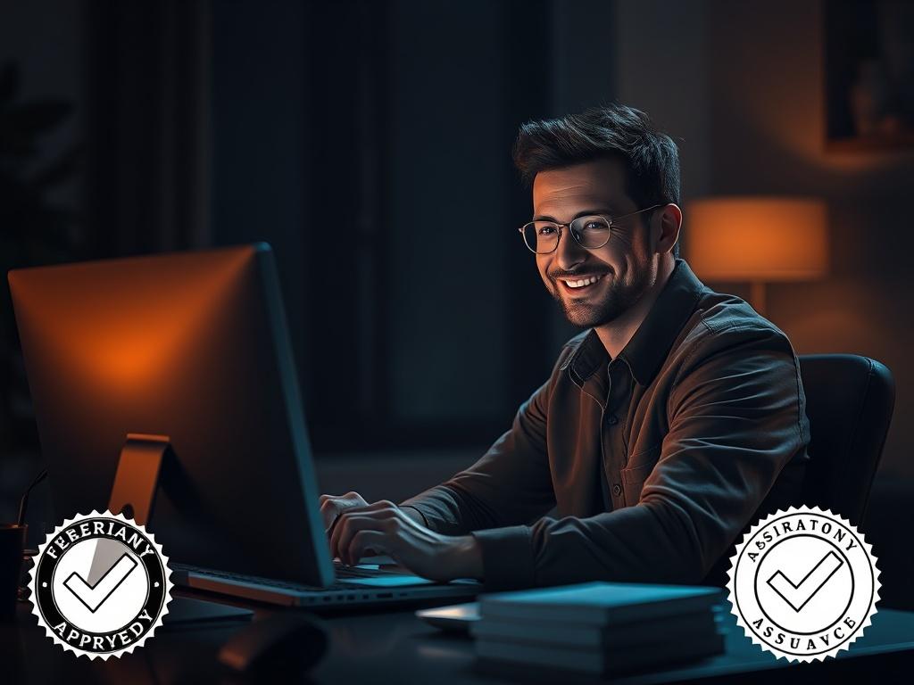 A confident individual sitting at a computer, smiling as they complete an online transaction. The scene is illuminated with a warm glow, symbolizing satisfaction and trust. Visual elements like checkmarks and seals of approval subtly enhance the feeling of assurance in the transaction.