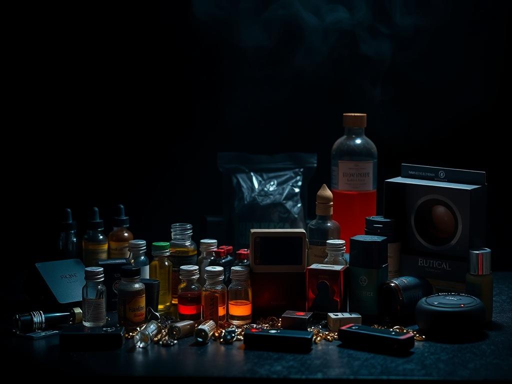 A visually striking display of various illicit items in shadowy lighting, highlighting the diversity of offerings. Items should include small vials, digital devices, and exotic collectibles arranged artistically, set against a dark background that enhances the allure.