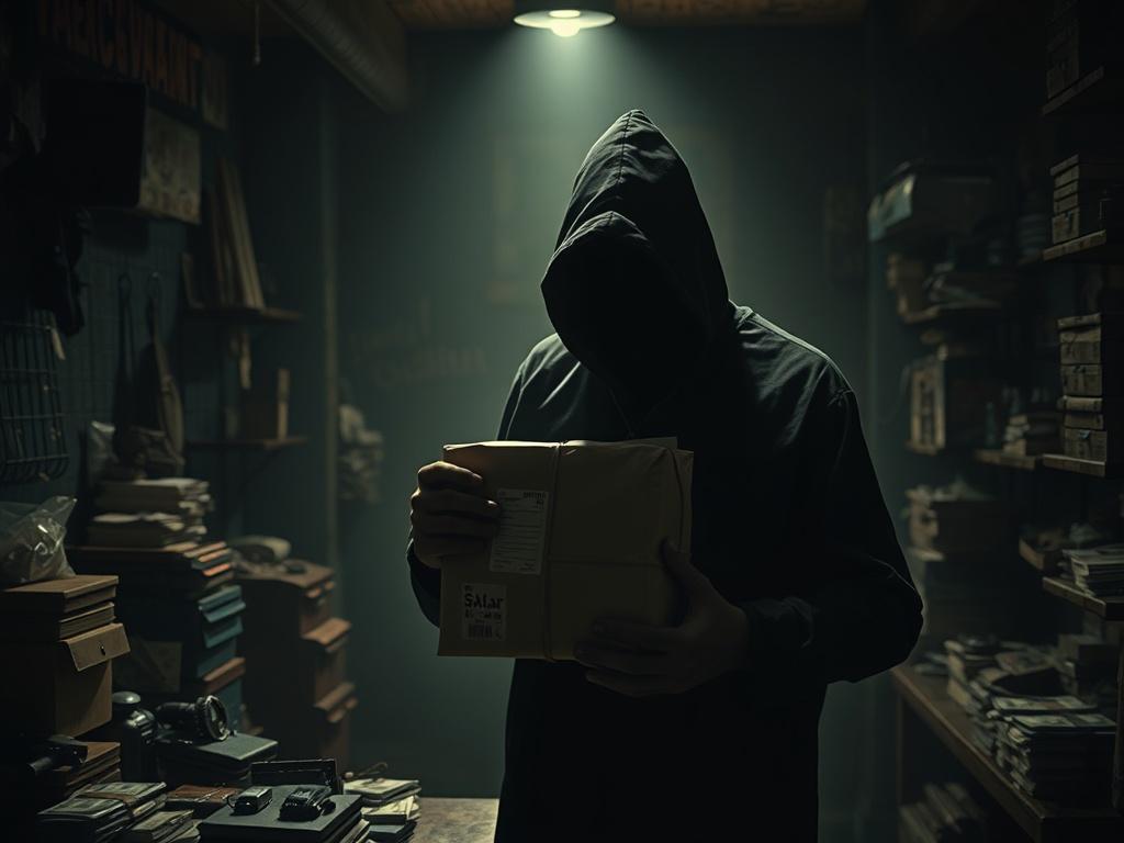 A shadowy figure holding a mysterious package in a dimly lit room, surrounded by various illicit items like cash and digital devices. The atmosphere is intense and dramatic, with deep shadows and rich contrasts to enhance the sense of secrecy and allure. The background features subtle hints of a clandestine marketplace, creating an air of intrigue.