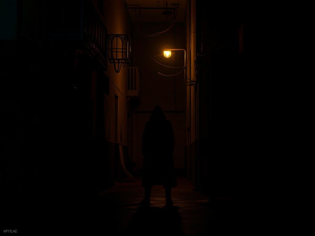 A high-resolution image depicting a mysterious dark alley illuminated by a single dim light. The scene is rich in shadows and contrasts, emphasizing a sense of intrigue and secrecy. An enigmatic figure stands in the foreground, partially obscured, suggesting anonymity and allure. The overall atmosphere is intense and dramatic, with deep shadows and a color palette that complements the #FF6E4E primary color.
