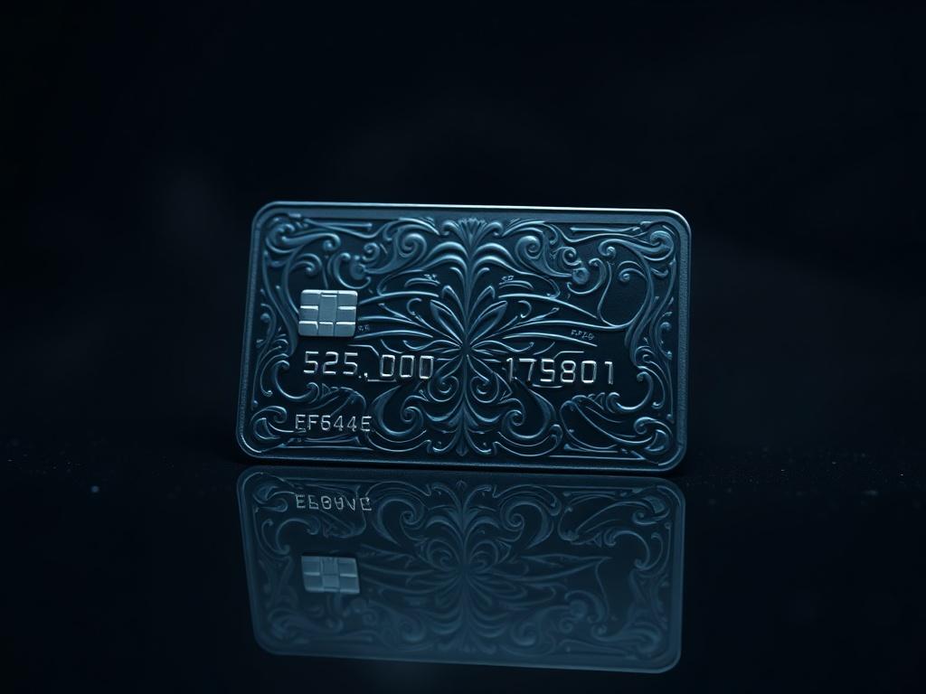 A realistic high-resolution photo of a Cloned Loaded Credit Card placed on a dark, reflective surface. The card should have an intricate design with a mysterious aura, showcasing its sleekness and sophistication. The background should feature deep shadows and dramatic lighting, emphasizing the card's features while creating an intense atmosphere. The color scheme should harmonize with the #FF6E4E primary color, enhancing the card's allure.