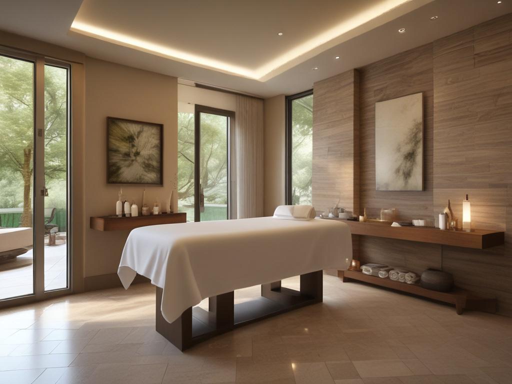 A serene spa room with soft lighting, featuring a massage