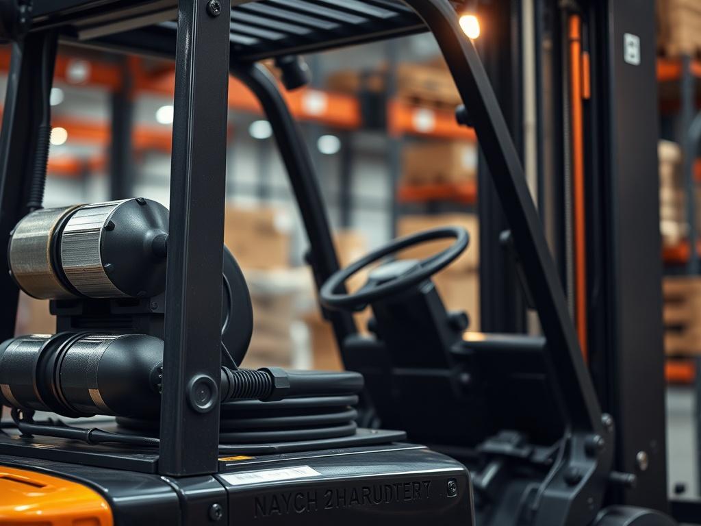 A hyper realistic close up shot of a forklift, showcasing