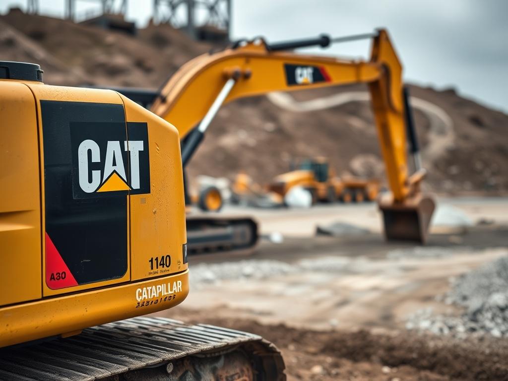 Create a realistic high-resolution photo of a CATAPILLAR excavator parked in a construction site. The image should focus on the excavator in a close-up shot, showcasing its details and textures. The background should be blurred to emphasize the machinery, with a mix of dirt and gravel typical of a construction environment. The lighting should capture the machine's vibrant yellow color against a slightly muted background to highlight its robust features. Ensure the composition is simple, with no other machin
