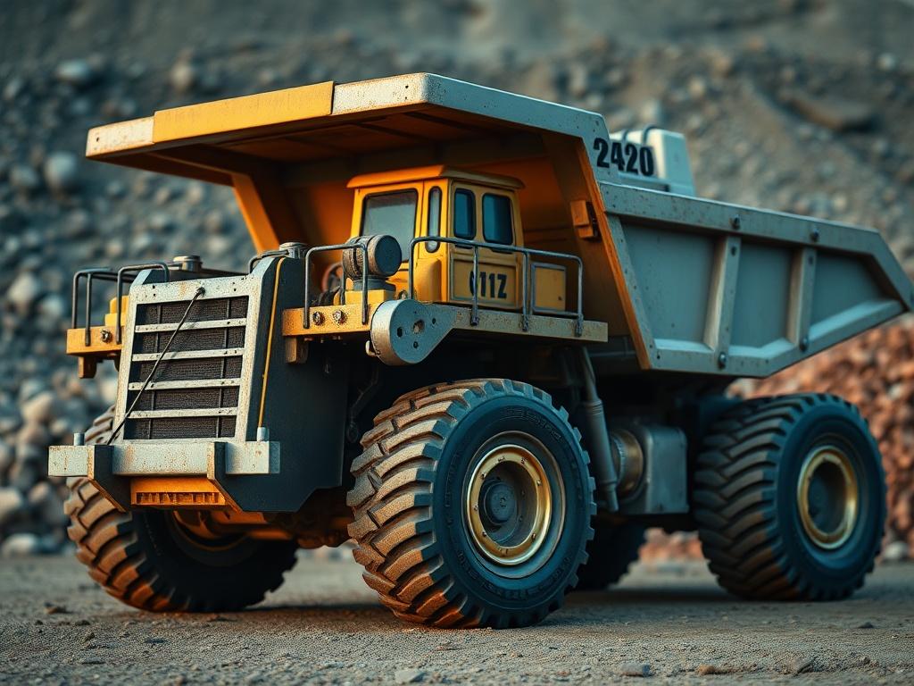A hyper-realistic close-up shot of a mining truck, showcasing its robust structure and intricate details. The truck should be positioned against a backdrop of a mining site, with piles of earth and rocks in the background. The image should capture the powerful essence of the truck, emphasizing its wheels, cabin, and loading bed. The lighting should highlight the metallic textures and colors of the truck, with a focus on realism. The overall composition should be simple and clear, presenting the mining truck