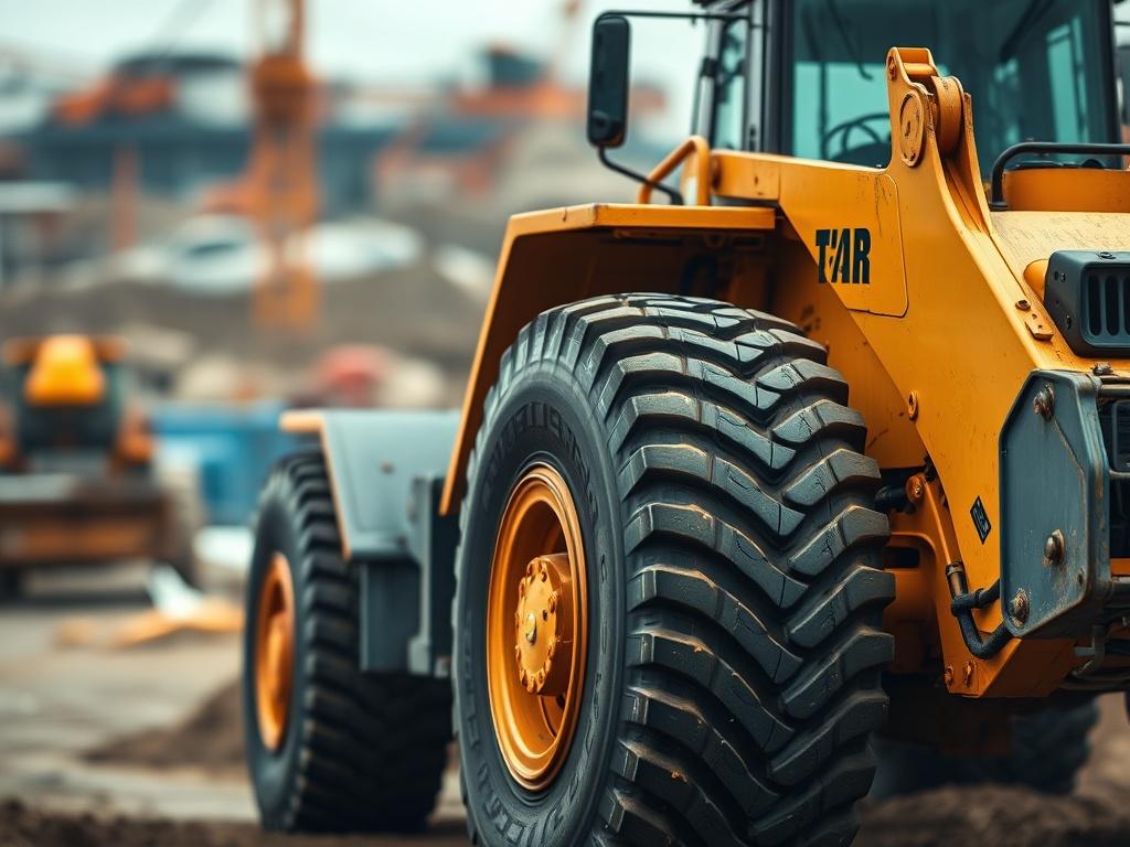 A hyper-realistic close-up shot of a wheel loader in action. The image should capture the intricate details of the machine, showcasing its robust design, large tires, and powerful front bucket. The background should be a blurred construction site, emphasizing the wheel loader as the focal point of the image. The overall color tone should complement the primary color rgb(50, 170, 39), creating a vivid and engaging visual.