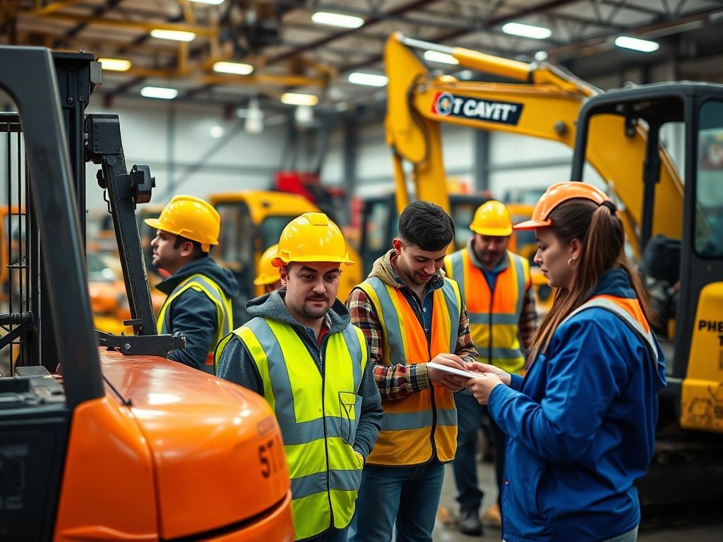 A close-up shot of a diverse group of people engaged in mechanics training, working on heavy machinery like a forklift and excavator. The scene is vibrant and dynamic, showcasing individuals in safety gear, actively learning and collaborating. The background is a well-lit training facility filled with various machines, emphasizing hands-on learning. The focus is sharp on the people, captured with a 45mm f/1.2 lens style for a hyper-realistic effect, with an RGB(50, 170, 39) color scheme complementing the im